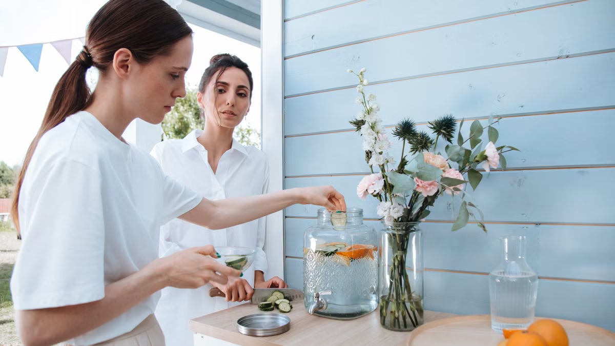 Two women preparing citrus-infused water outdoors with fresh fruit and a floral arrangement.